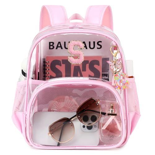 PIG PIG GIRL Clear Backpacks for Stadium Events Approved 12×6×12 Clear Bookbag for Women Mini Transparent Letter Back Pack, Pink, Letter-S - color: Pink, style: S