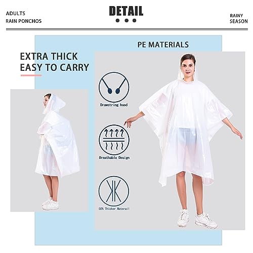 TUNCHMO Disposable Rain Ponchos 6 Pack for Adults/Kids/Family Set-50% Thicker Emergency Ponchos - color: Adults White 6 Pack