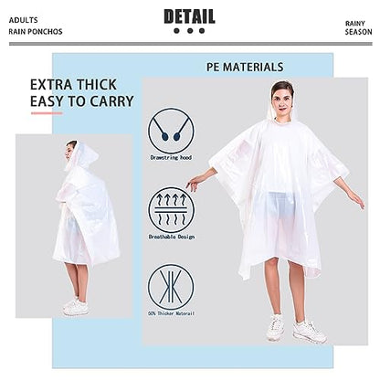 TUNCHMO Disposable Rain Ponchos 6 Pack for Adults/Kids/Family Set-50% Thicker Emergency Ponchos - color: Adults White 6 Pack