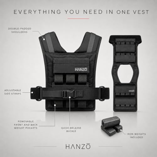 HANZO Weighted Vest for Men & Women 25lbs | 35lbs | 45lbs | 65lbs | Weight Vest With Removable Iron Weights, Adjustable Heavy Duty Weighted Workout Vest for Calisthenics & Fitness Training - size: 25 lbs