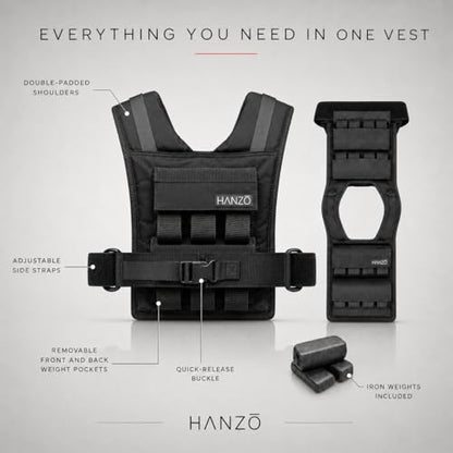 HANZO Weighted Vest for Men & Women 25lbs | 35lbs | 45lbs | 65lbs | Weight Vest With Removable Iron Weights, Adjustable Heavy Duty Weighted Workout Vest for Calisthenics & Fitness Training - size: 25 lbs