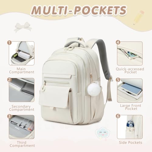 GeeWin Backpacks for Girls, Girls Backpack with Lunch Box & Pencil Case Set, 17 Inch Waterproof Girl Bookbag with Lots of Pockets for Kids, Teens, Elementary Middle High College School Student(Beige) - color: Beige