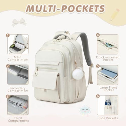 GeeWin Backpacks for Girls, Girls Backpack with Lunch Box & Pencil Case Set, 17 Inch Waterproof Girl Bookbag with Lots of Pockets for Kids, Teens, Elementary Middle High College School Student(Beige) - color: Beige