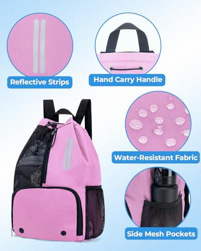 Swim Bag Mesh Drawstring Backpack with Shoe Compartment & Wet Pocket Waterproof Beach Backpack Pool Bag for Swimming, Gym, Travel and Workout Gear (Pink) - color: Pink