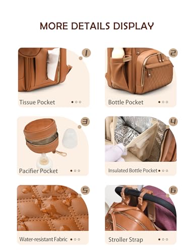 Diaper Bag Backpack with Changing Station, Waterproof for Travel, Vegan Leather, Brown - color: Brown