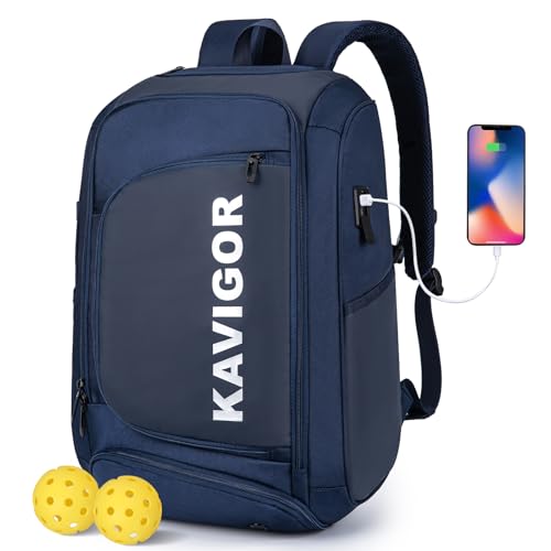KAVIGOR Pickleball Bag, Large Pickleball Backpack Holds 4 to 6 Paddles, Shoes Compartment & Wet/Dry Pocket (9 Pockets), Charge Port - color: Blue