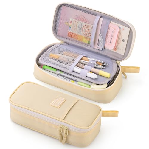 CICIMELON Durable Pen Pencil Case Big Storage Pen Pouch Bag for School Supplies College Teen Girls Adults, Beige - color: Beige