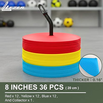 LEZER 6 Inch 8 Inch Flat Cones, Spot Markers, Soccer Cones, Field Court Markers, Sit Spots, Flat Discs, Soccer Training Equipment, Agility Practice, Football, Made in Taiwan - style: 8 inch with 36 pcs