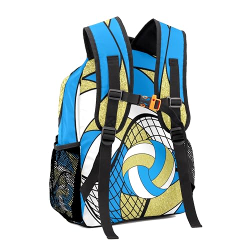 Volleyball Light Blue Gold Waterproof Backpack Casual School Bags Bookbag Custom Daypack for Birthday Holiday Gift - color: Volleyball Light Blue Gold