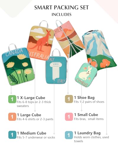Gonex 6-Piece Compression Packing Cubes with Shoe & Laundry Bags - color: 6-Global Symbols, size: 6 Set