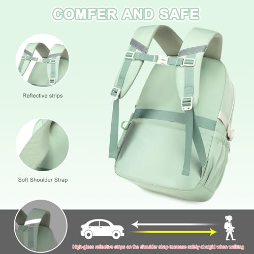 Scothen 3PCS Girls Backpack for School, Kids Backpack for Girls with Lunch Bag Pencil Case, Kids Bookbag Teen Backpacks for Elementary Middle High School - color: Green-beige