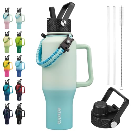 BJPKPK Insulated Water Bottles with Straw Lid, 35oz Metal Water Bottle with 2 lids & Paracord Strap, Double Wall Stainless Steel Tumbler with Handle, Reusable Cups, Mugs, Thermo, Mint - color: Mint, style: 35oz-Side Handle