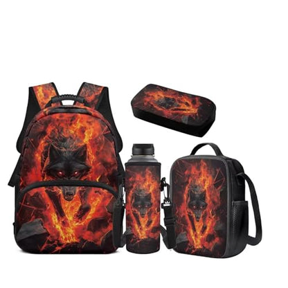 JEOCODY Cool Fire Wolf Kids Boobag Boys Girls Backpack with Lunch Box and Pencil Case Water Bottle Holder 4 PCS Accessories for Teens Back to School Supplies - color: Cool Fire Wolf Patterns