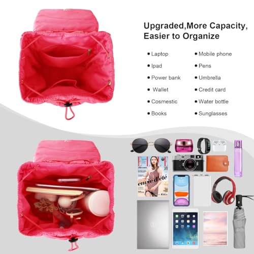 XSUIOY Quilted Backpack Purse for Women Small Lightweight Puffer Puffy College Laptop Backpack Nylon Casual Bookbag Daypack Top Flap Drawstring Padding Hiker Travel Gym Backpack(Rosered) - color: Rosered