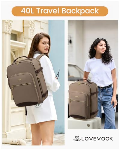 LOVEVOOK 40L Travel Backpack Flight Approved Carry on Backpack,3 Packing Cubes,Waterproof Personal Item Travel Bag,TSA Carry on Luggage Suitcase Travel Essentials,Gifts for Women & Men,fits 17" Laptop - color: Grayish-brown - Dark Brown, size: Large-40L-4