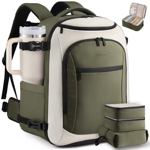 LOVEVOOK 40L Travel Backpack for Women & Men,Airline Approved Carry On Backpack with 3 Packing Cubes,TSA Waterproof Personal Item Bag,Weekender Overnight Essentials Backpacks fits 18" Laptop - color: Green/White, size: 40L-4PCS
