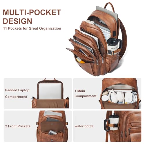 Vegan Leather Backpack, TSA Travel Backpack for Men and Women, Fits 17.0 Inch Notebook with Luggage Strap and USB Port, Brown - color: Brown