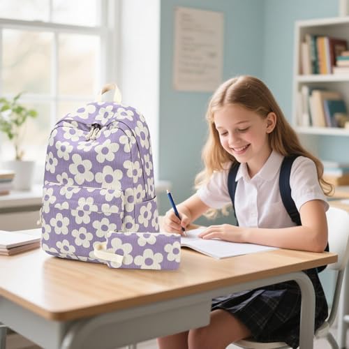 Bluboon School Backpack Set Girls Womens Laptop Bookbag Casual Daypack Fits 15 inch Laptop with Lunch Tote Bag and Pencil Bag - color: Beige Floral / Purple Base