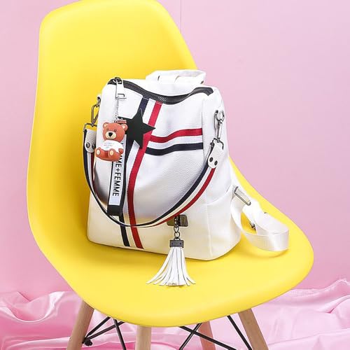 Fashion PU Leather Backpack Purse for Women Travel Backpack Bag with Tassel Ladies Shoulder Handbags Casual Daypack - color: White