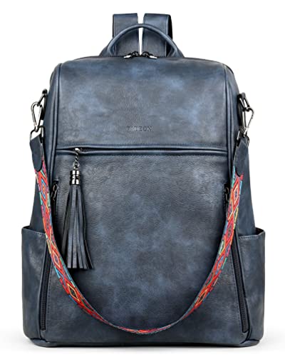 FADEON Leather Laptop Backpack for Women Designer 15.6 inch PU Laptop Bag, Ladies Travel Computer Work Backpack Blue - color: Dusty Blue Retro Style