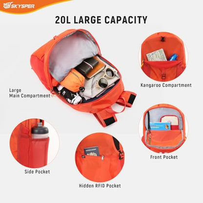 SKYSPER Small Hiking Backpack for Men Women 20L RFID Packable Daypack Ultralight Foldable Back Pack Lightweight Collapsible Travel Day Pack - color: Orange