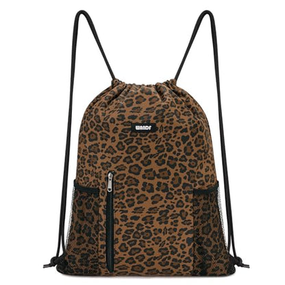 WANDF Drawstring Backpack Sports Gym Sackpack with Mesh Pockets Water Resistant String Bag for Women Men (Brown Leopard) - color: Brown Leopard