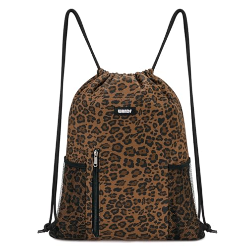 WANDF Drawstring Backpack Sports Gym Sackpack with Mesh Pockets Water Resistant String Bag for Women Men (Brown Leopard) - color: Brown Leopard