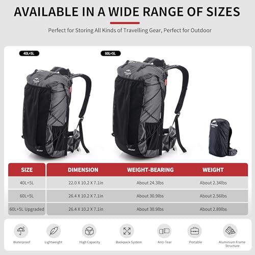 Naturehike 45L Rock Internal Frame Hiking Backpack for Outdoor Camping Travel Backpacking with Rain Cover Ultralight Backpack for Adults - color: 45l/Black