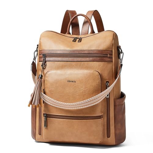 Shrrie Vegan Leather Laptop Backpack for Women 15.6 inch Work Backpack Fashion Travel Backpack Purse for Business College - color: 1 Camel With Brown