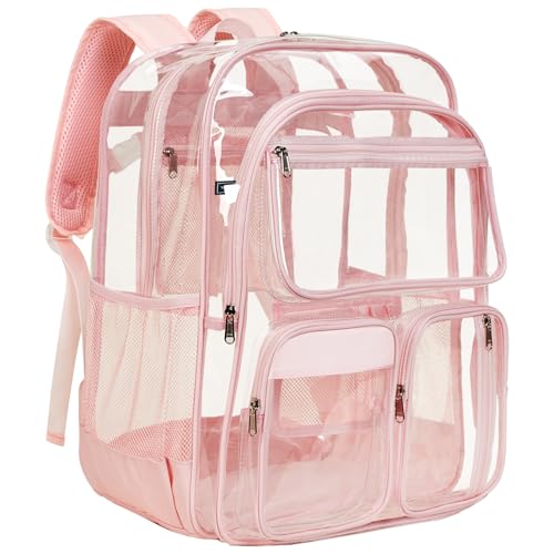 Vorspack Clear Backpack for School - Heavy Duty Transparent Bookbag for Girls Boys Extra Large See Through Backpacks for Teens, Work, Travel, Festival - Light Pink - color: Light Pink, size: X-Large