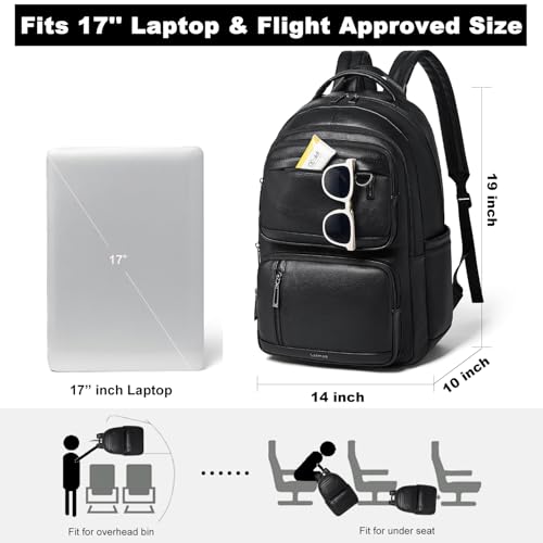 LATMAP Vegan Leather Backpack 17Inch Laptop Backpack for Women Travel Black | TSA-friendly, with luggage strap & pickpocket-proof, large capacity, laptop compartment, water-resistant, easy to wipe clean - color: Black