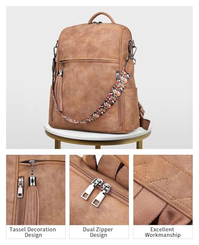 FADEON Leather Backpack Purse for Women Designer Travel Backpack Purses PU Fashion Ladies Shoulder Bag with Tassel - color: Retro Camel Brown Nubuck Style