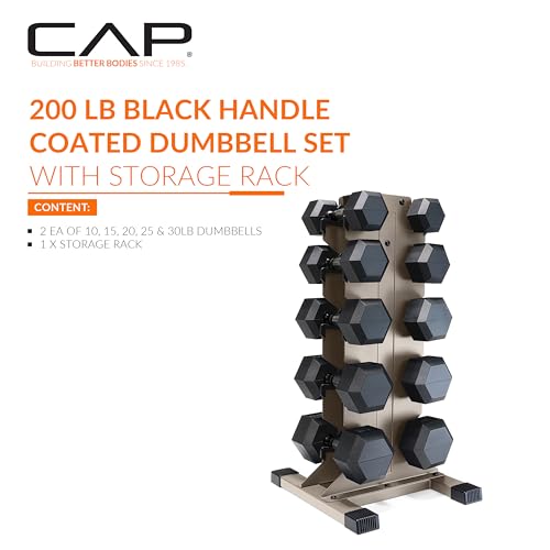 CAP Dumbbell Set with Rack, Rubber Coated Hex Free Weight Set | 100–300 lb Options, Vertical Space-Saving Storage for Home Gym Strength Training - size: 200 lb Set - Tan Rack, style: Chrome Handle