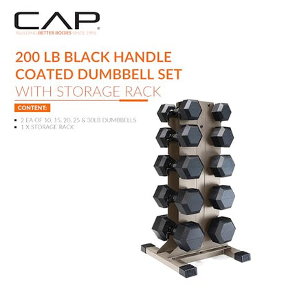 CAP Dumbbell Set with Rack, Rubber Coated Hex Free Weight Set | 100–300 lb Options, Vertical Space-Saving Storage for Home Gym Strength Training - size: 200 lb Set - Tan Rack, style: Chrome Handle