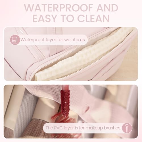 Cute Puffy Toiletry Bag for Women,Large Makeup Bag,Travel Cosmetic Bag with Adjustable Dividers & Trolley Sleeve,Toiletries Organizer,Light Pink - color: Pink