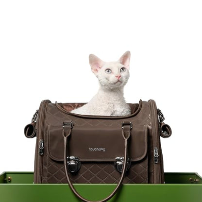 Touchdog Pioneer Light Luxury Pet Carrier Backpack, Airline-Approved Dog Soft-Sided Carriers with High-End Leather & Ventilated Design for Cats, TSA Compliant Pet Travel Carrier (Brown,L13'*W10'*H9')