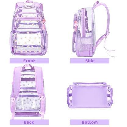 ACESAK Clear Backpack for Girls - 3 Pcs Clear Backpack Heavy Duty with Lunch Bag - See Through Bookbag Stadium Approved for Kids Middle High College School Sport Travel (Purple Daisy) - color: Purple Daisy