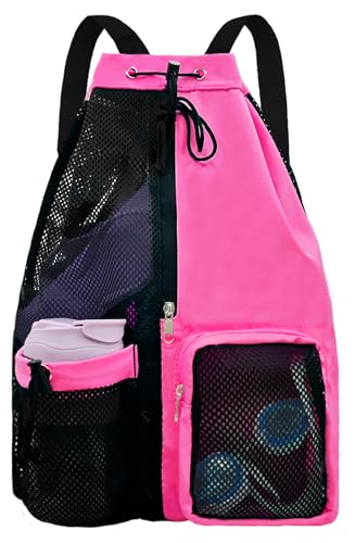 Mesh Beach Backpack with Wet Pocket Drawstring Pool Bag Waterproof Swimming Bag Gym Backpack for Men & Women - color: Rose