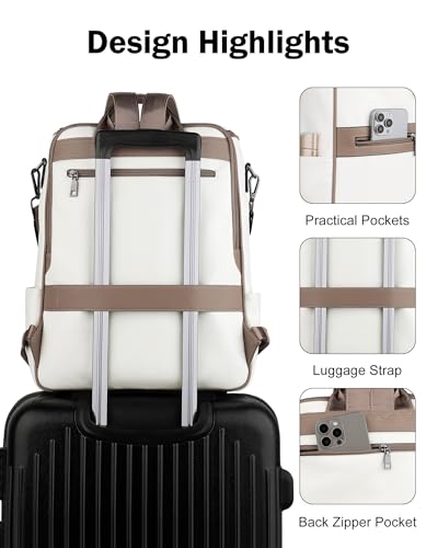FADEON Laptop Backpack for Women Leather Travel Backpack with Laptop Compartment, Designer PU Shoulder Laptop Bag White - color: White Retro Style