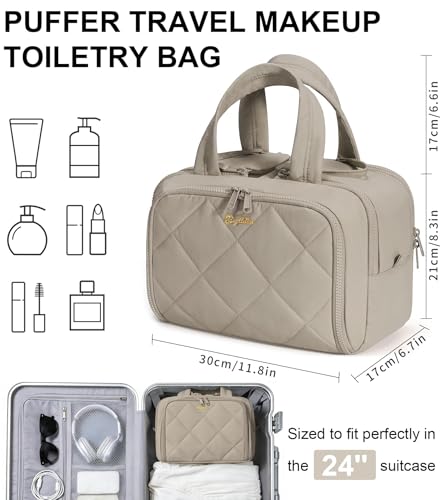 Travel Toiletry Bag, Large Wide-open Puffy Makeup Bag for Women Oatmeal - color: Oatmeal