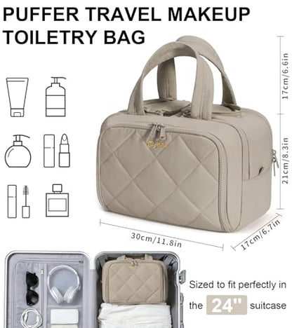 Travel Toiletry Bag, Large Wide-open Puffy Makeup Bag for Women Oatmeal - color: Oatmeal