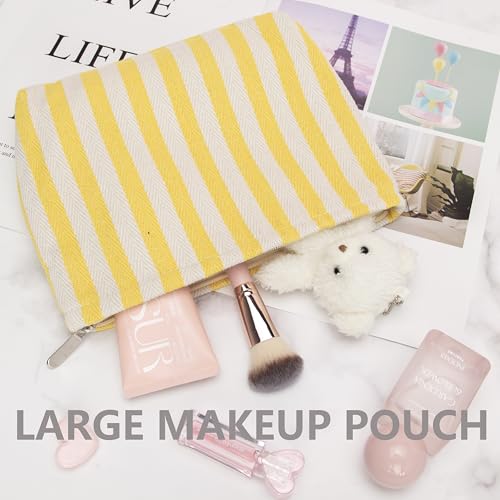 PAZIMIIK Makeup Bag Large Cotton Zipper Pouch for Purse Travel Canvas Make Up Organizer for Women Cosmetic,Stripe Yellow - color: Stripe Yellow