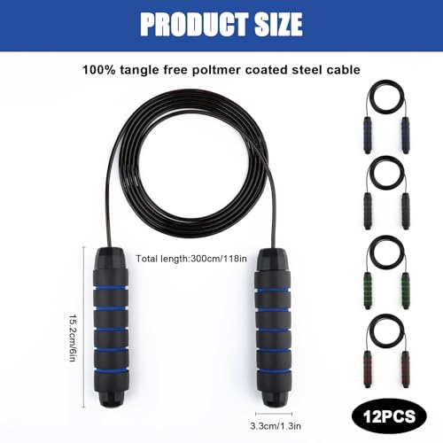 12Pcs Jump Ropes with Ball Bearings,Adjustable Skipping Rope with Soft Foam Handles,Tangle-Free Rapid Speed Jumping Rope for Fitness Workout Aerobic Exercise(4 Colors)