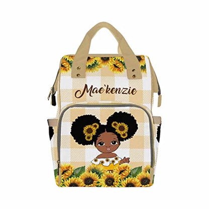 Newcos Personalized Sunflower Mommy Nursing Baby Bags Custom Afro Princess Diaper Bag Backpack with Name Customized Large Nappy Bags for Women - color: 230112-17