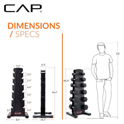 CAP Rubber Coated Hex Dumbbell Set with Storage Rack | 100–210 lb Options, Space-Saving Vertical Compact Storage for Home Gym Strength Training - size: 210 lb - Set - Black Rack, style: Chrome Handles