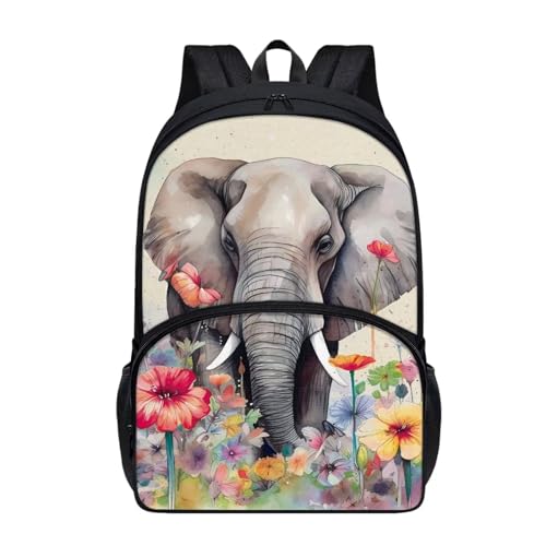 Talayituse Elephant Flower Print Backpack for Kids Girls Boys, Travel Backpack Lightweight Waterproof School Bag Student Bookbag Laptop Backpack with Zippe Pocket - color: Elephant Flower