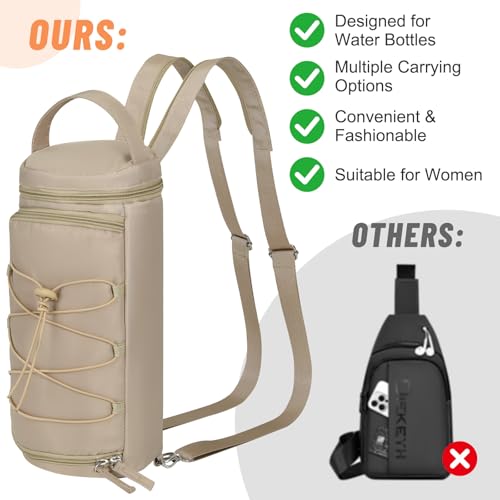 Nuovoware Small Sling Backpack, Sling Bag 25oz/32oz/40oz/50oz Water Bottle Carrier with Zippered Cap, 2 Pockets, Adjustable Shoulder Strap Carrier for Walking Traveling, Camel