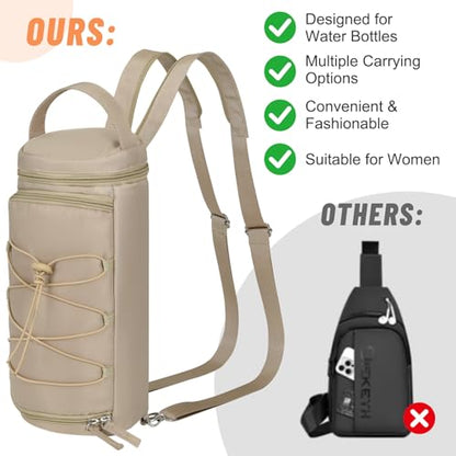 Nuovoware Small Sling Backpack, Sling Bag 25oz/32oz/40oz/50oz Water Bottle Carrier with Zippered Cap, 2 Pockets, Adjustable Shoulder Strap Carrier for Walking Traveling, Camel