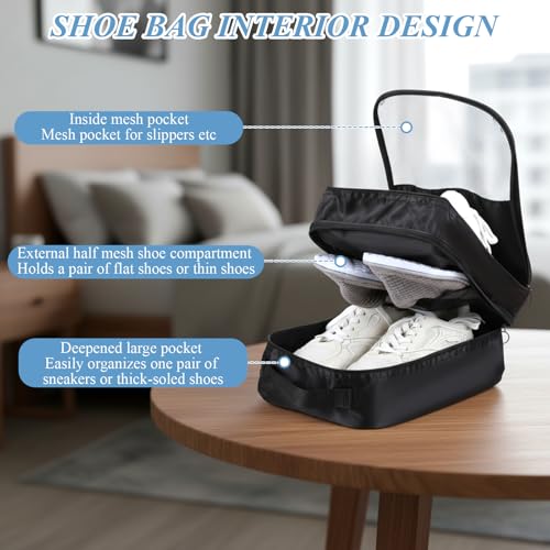 4 Pack Shoe Bags for Travel Holds 3 Pair of Shoes, Portable Shoes Storage Bag Organizer with Handle, Travel Luggage Shoe Organizer for Women Men Teenager Daily Use Storage Pouch (Black)