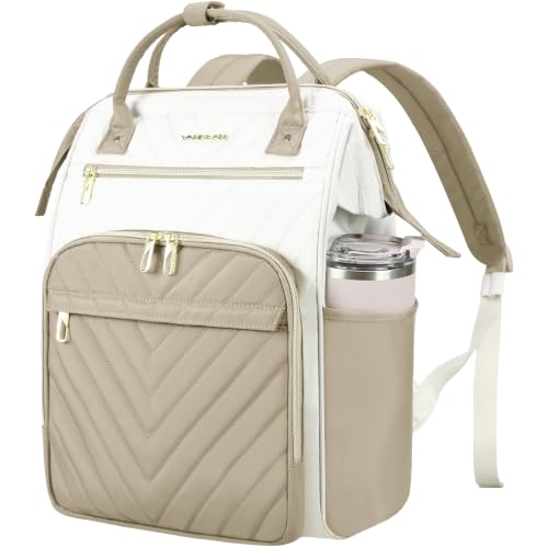 VANKEAN 15.6Inch Laptop Backpack for Women Fashion Computer Work Bag, Large Capacity Waterproof Backpack, College Daypack Business Travel,(Beige-Khaki, 15.6 Inch) - color: Beige-khaki, size: 15.6 Inch